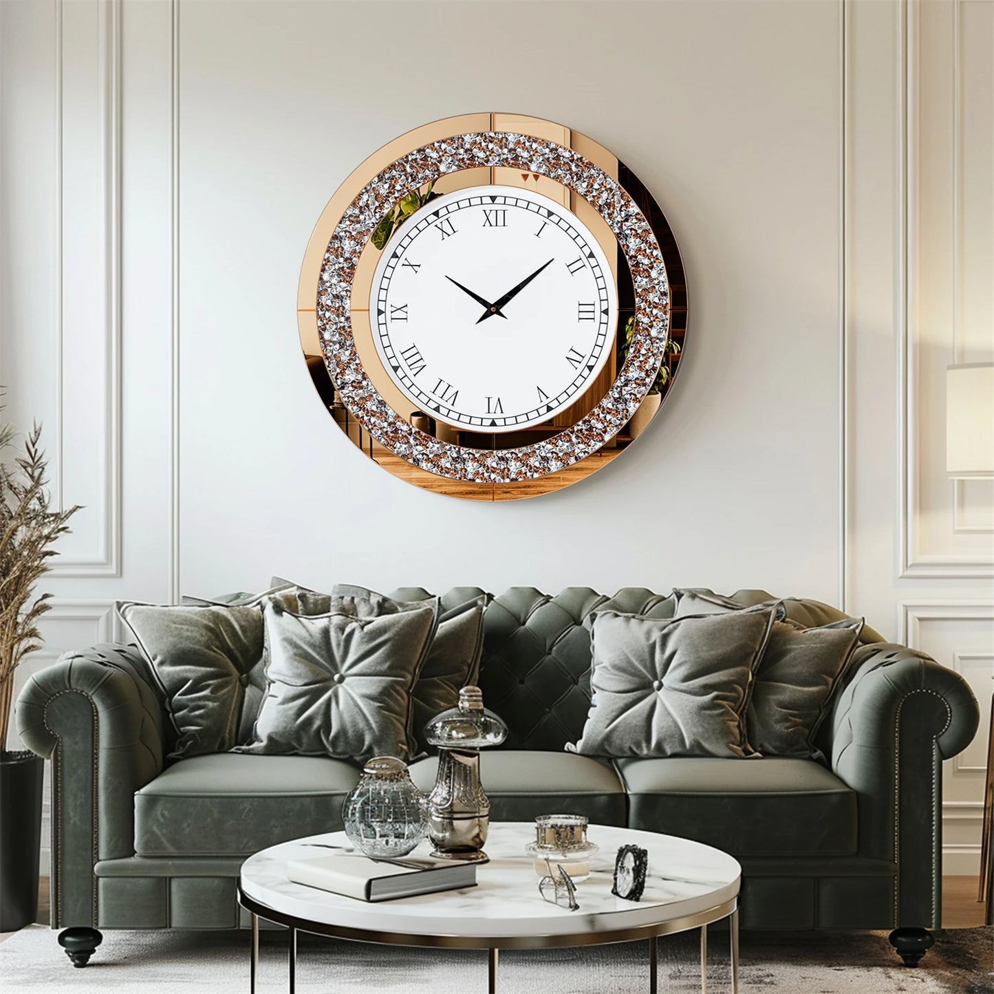 Crystal Sparkle Round Mirror Wall Clock for Living Room Decor