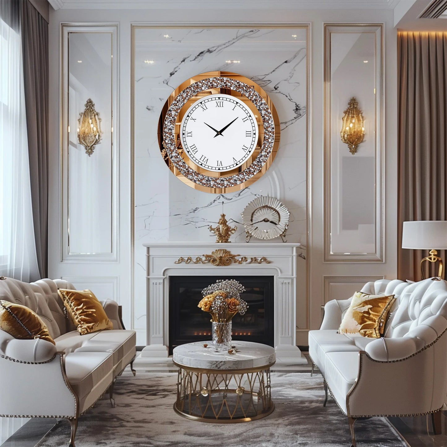 Round Mirror Wall Clock With Crystal Sparkle Living Room Decor