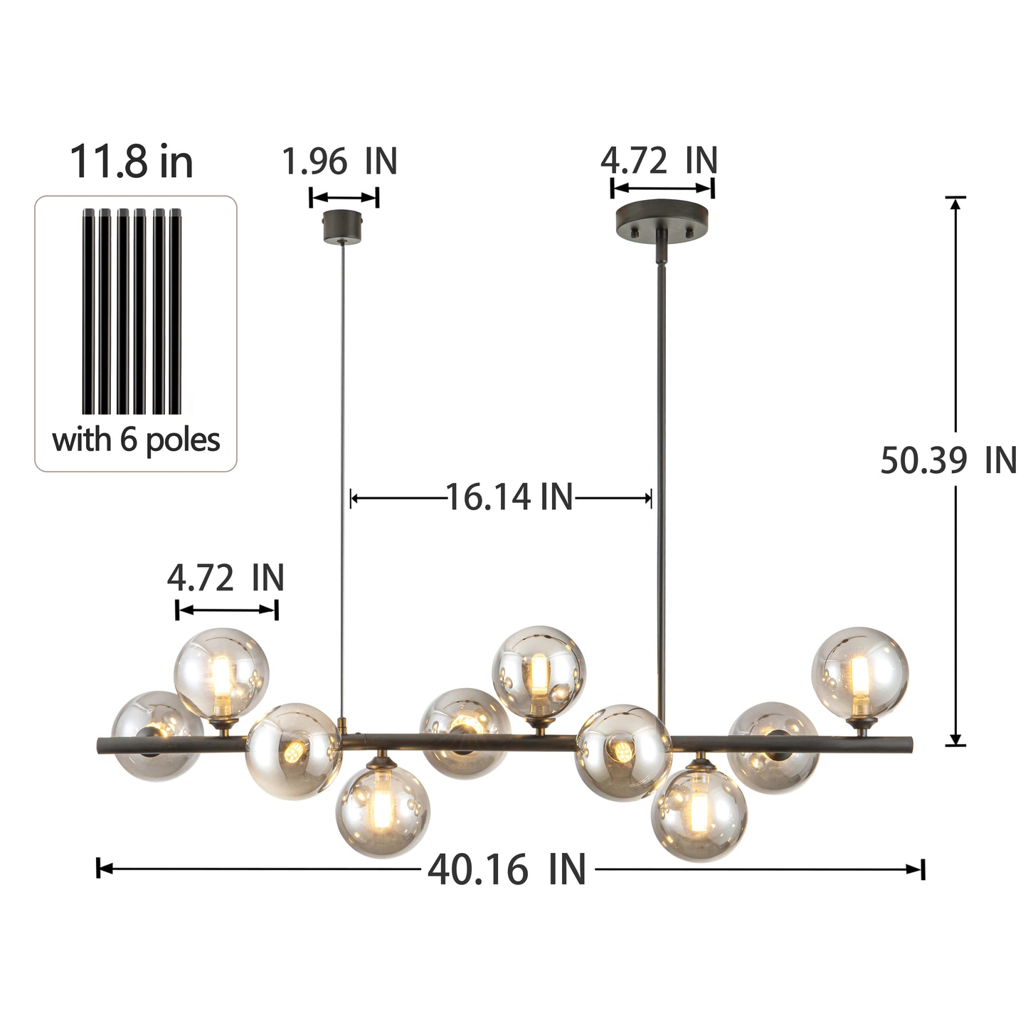 10-Light Adjustable Chandelier With Glass Globe Shades Mid-Century Modern
