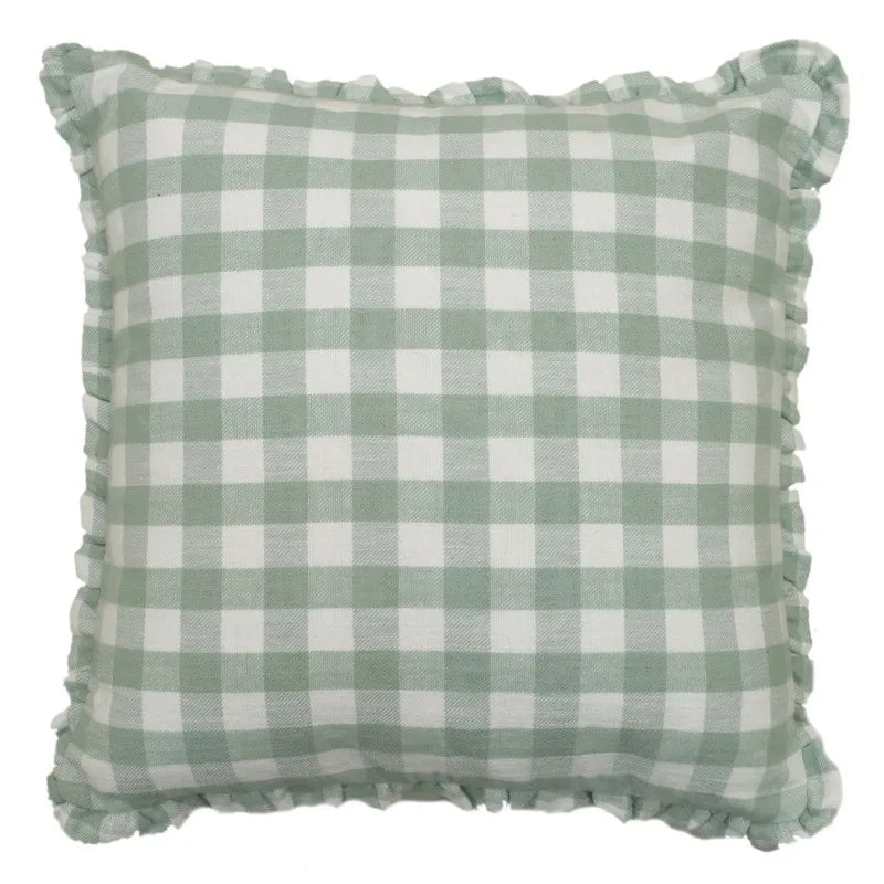 Woven Gingham With Ruffle Decorative Pillow Polyester Cotton Filling