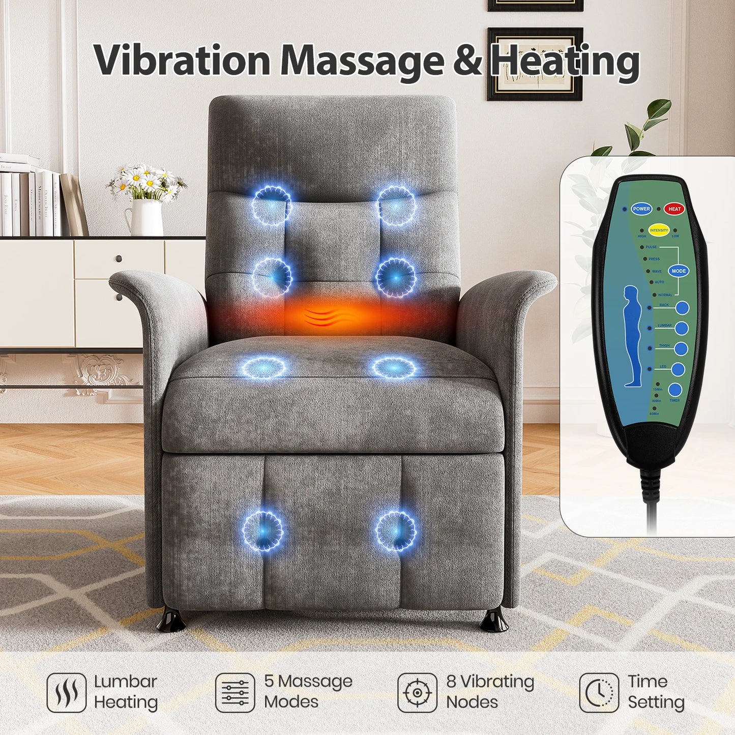 Power Recliner Chair With Heated Massage For Adults Fabric Upholstery