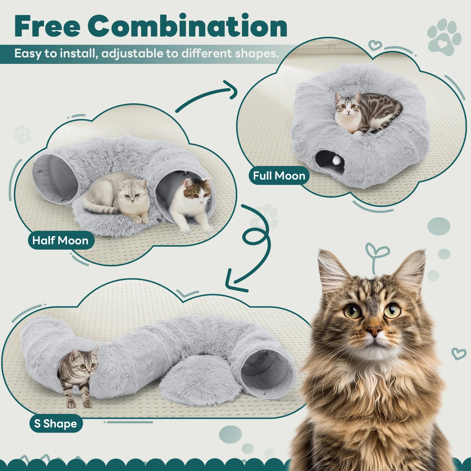 JHK Cat Tunnel Bed Indoor Plush Washable Multifunctional Playground