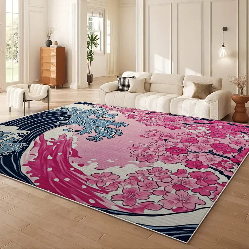 VIKAMA Japanese Cherry Blossom Wave Sofa Carpet Anti Slip