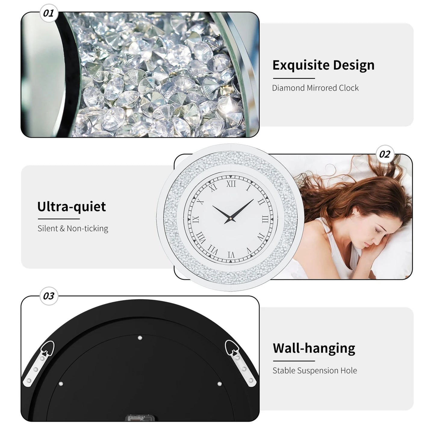 Crystal Sparkle Round Mirror Wall Clock for Living Room Decor