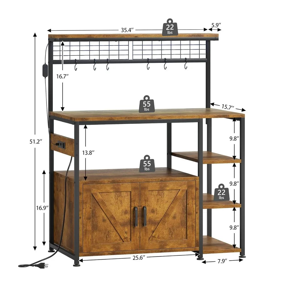 Bakers Rack With Power Outlet And LED Light Microwave Stand