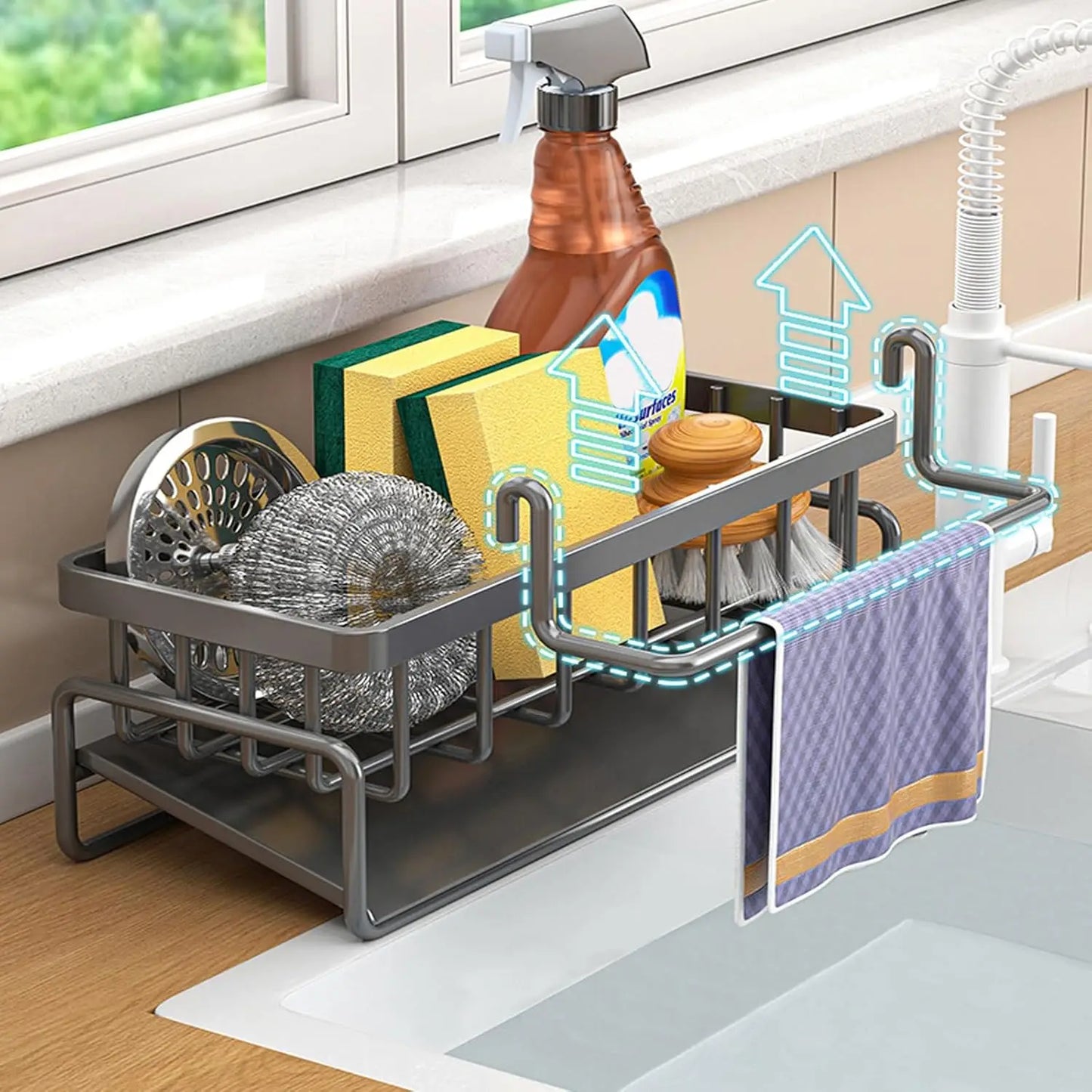 Rustproof Carbon Steel Kitchen Sink Organizer With Sponge Holder And Dispenser