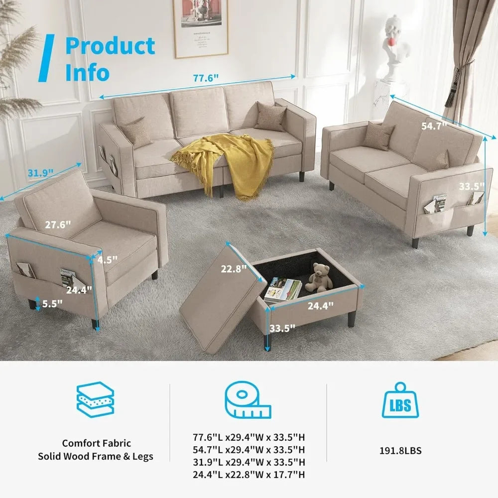 L Shaped Sectional Sofa Set For Living Room With Ottoman