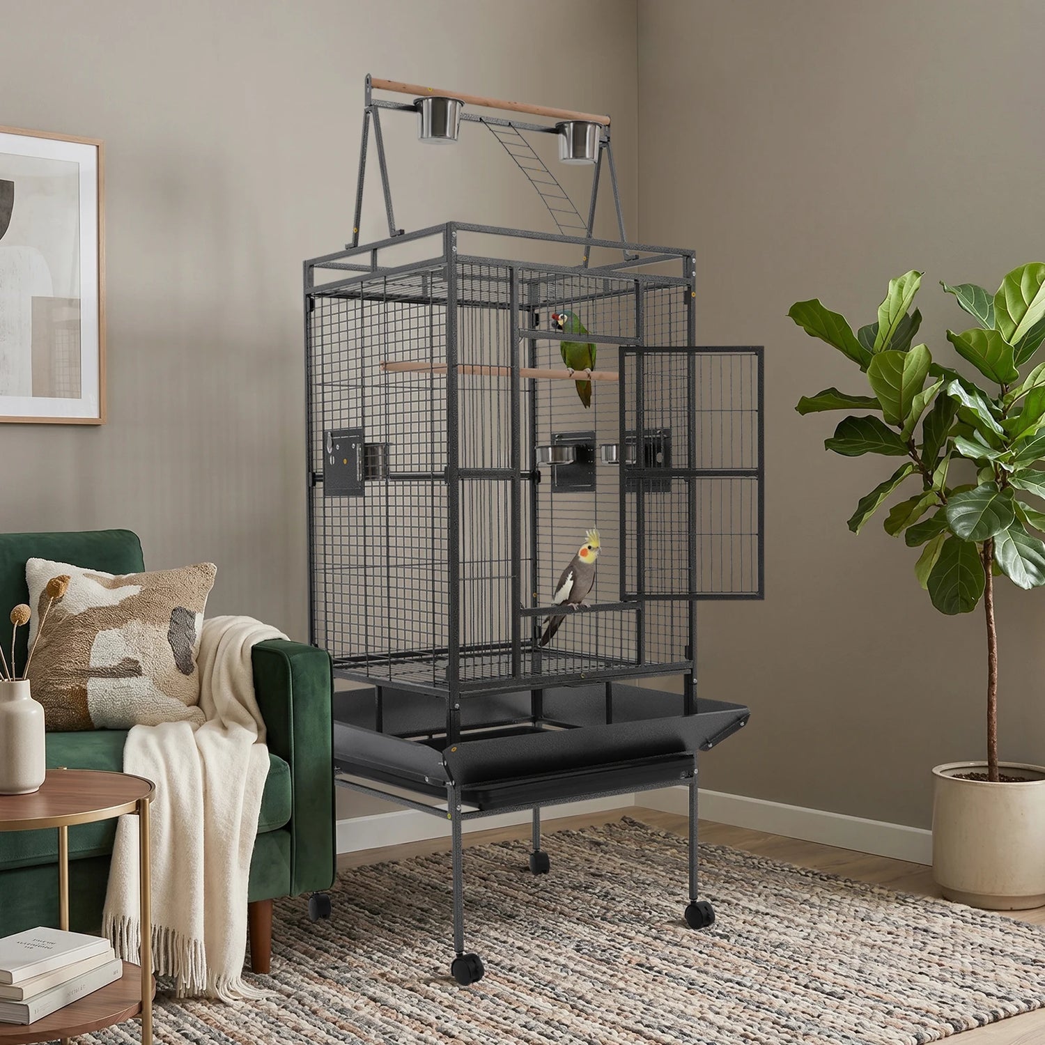 Parrot Cage With Lockable Wheels Rolling Aviary For Medium Parrots