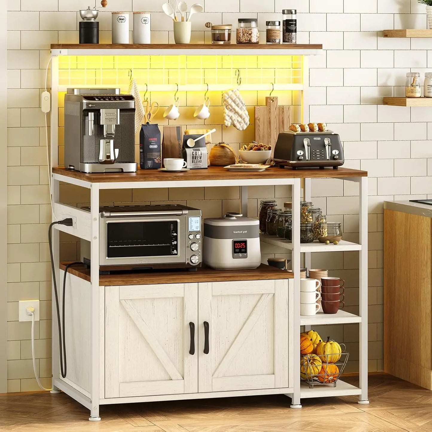 Bakers Rack With Power Outlet And LED Light Microwave Stand