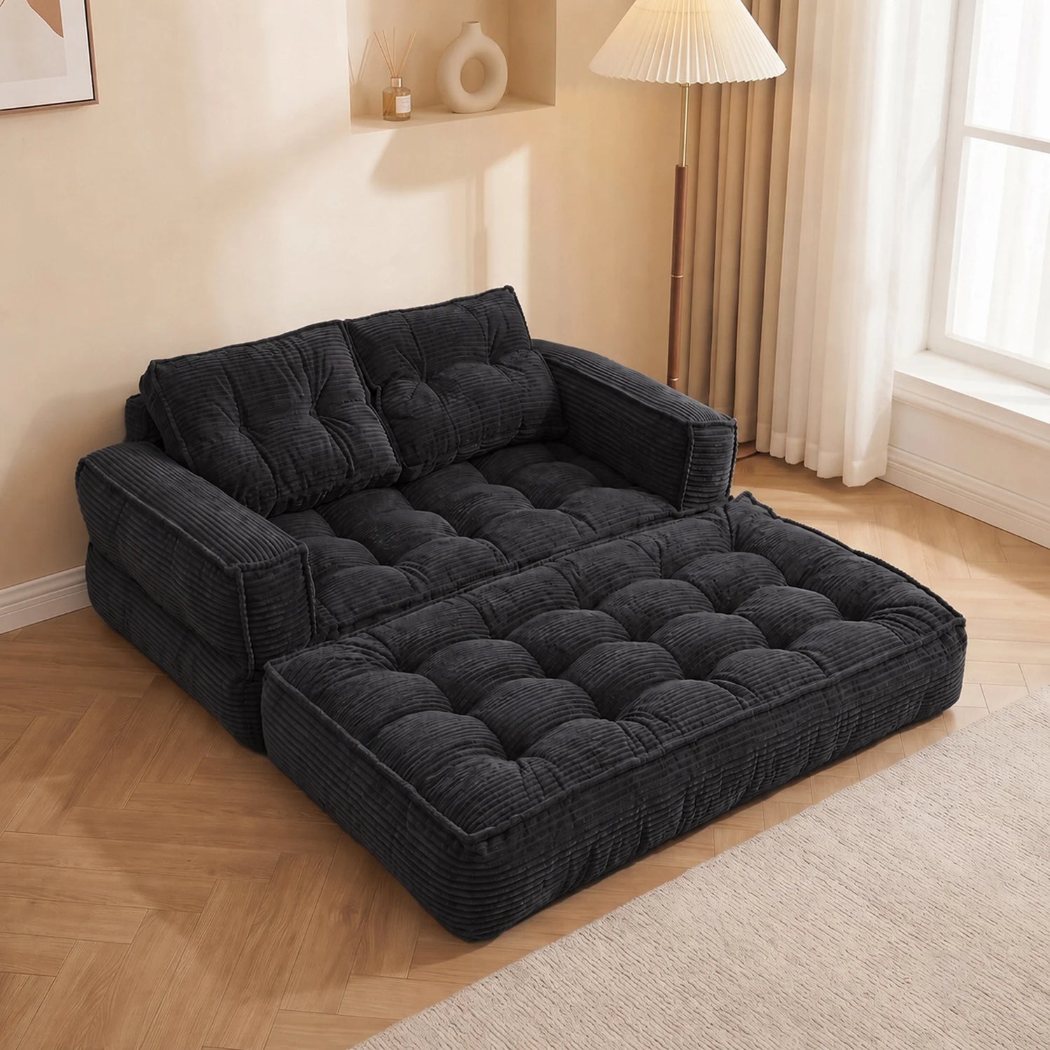 Modern Corduroy Sofa With Chaise And Convertible Floor Couch