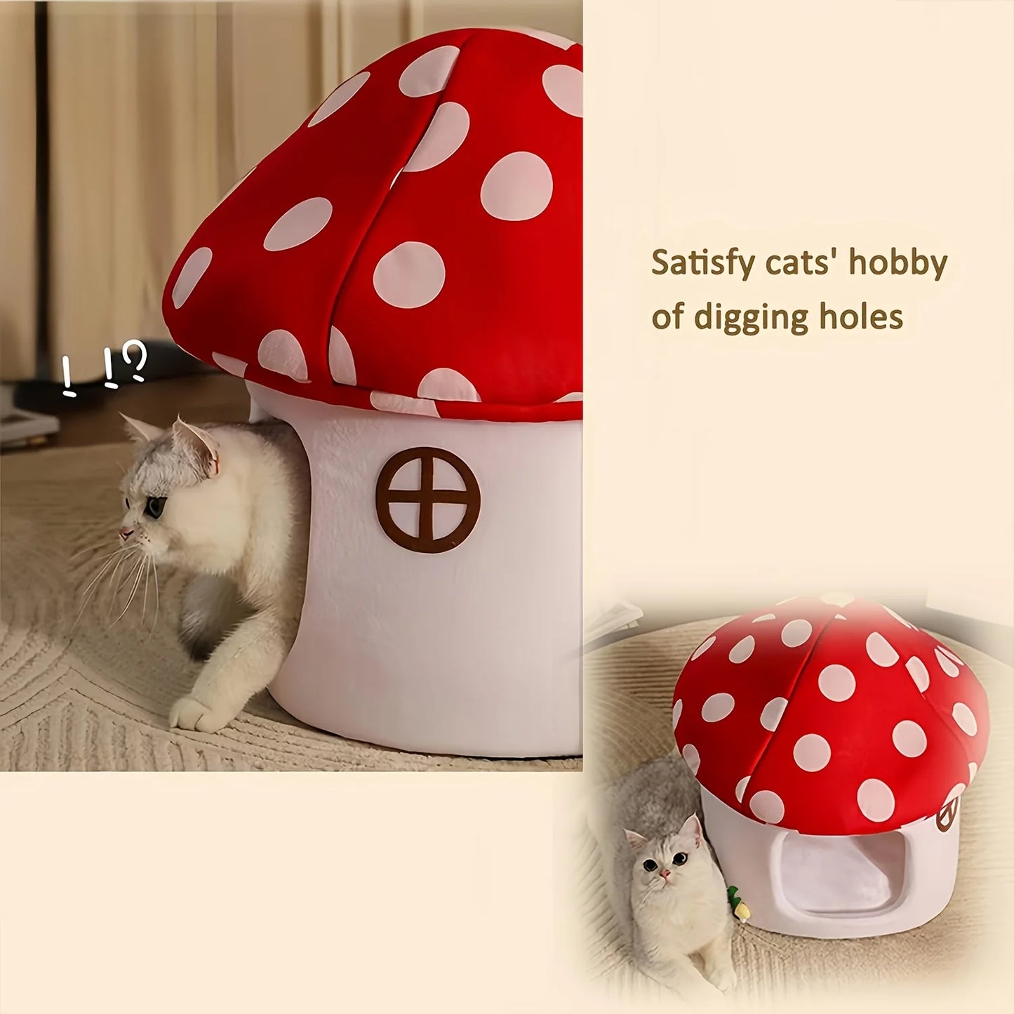 NONECN Mushroom Cat Bed Indoor Cat Cave With Washable Cushion