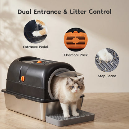 JHK Stainless Steel Cat Litter Box Fully Enclosed For Big Cats