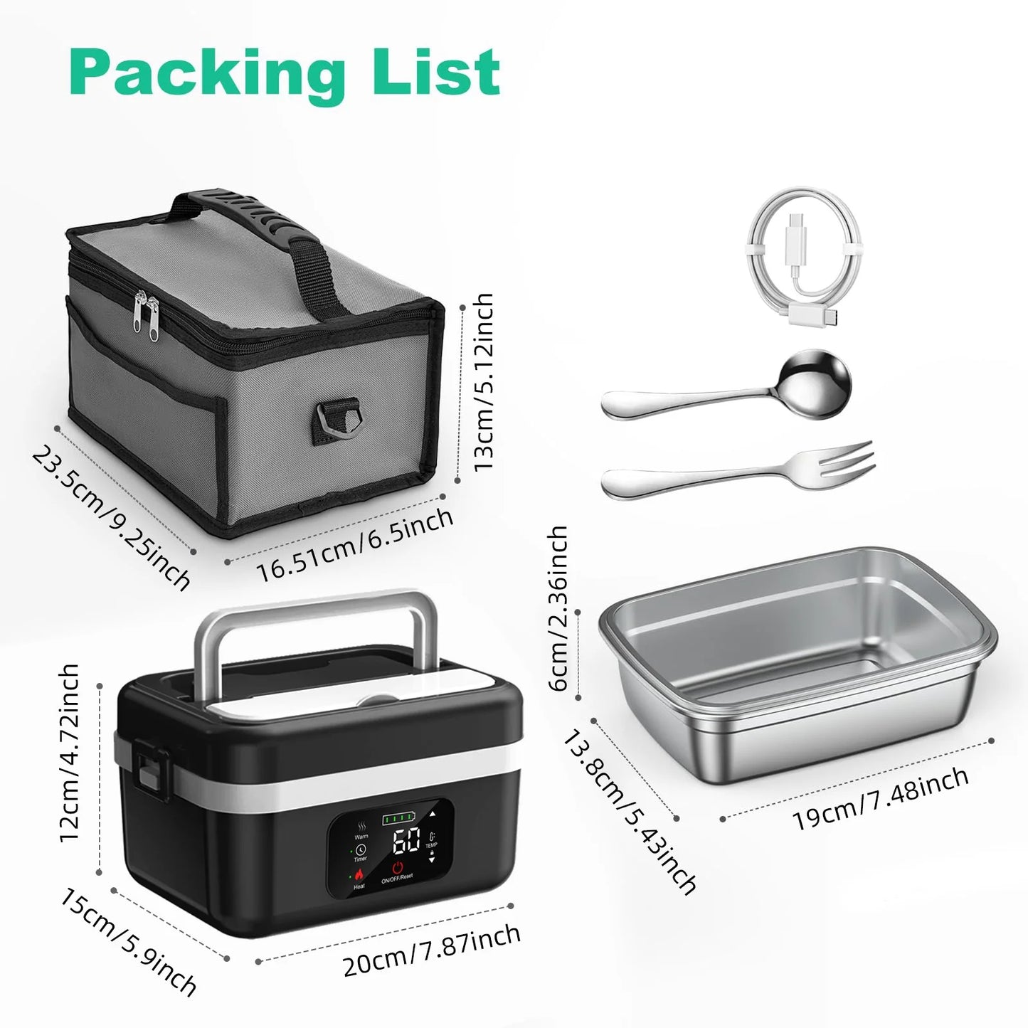 Rechargeable Lunch Box Warmer With Timer And Insulated Carrying Bag