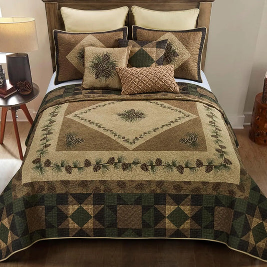 Polyester Bedding Set 4 Piece With Embroidered Lodge Quilt And Shams