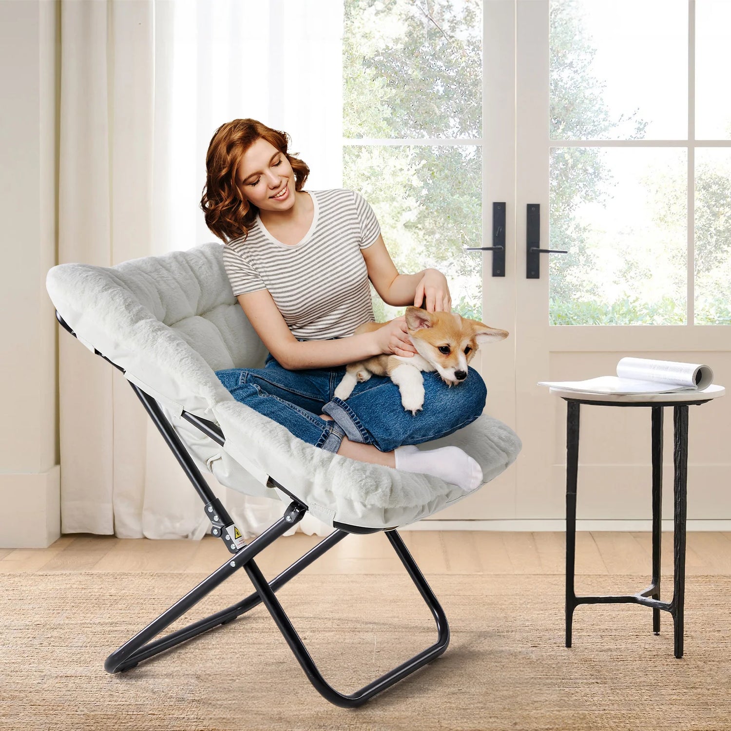 JHK Cozy Faux Fur Saucer Chair Folding Lounge Chair