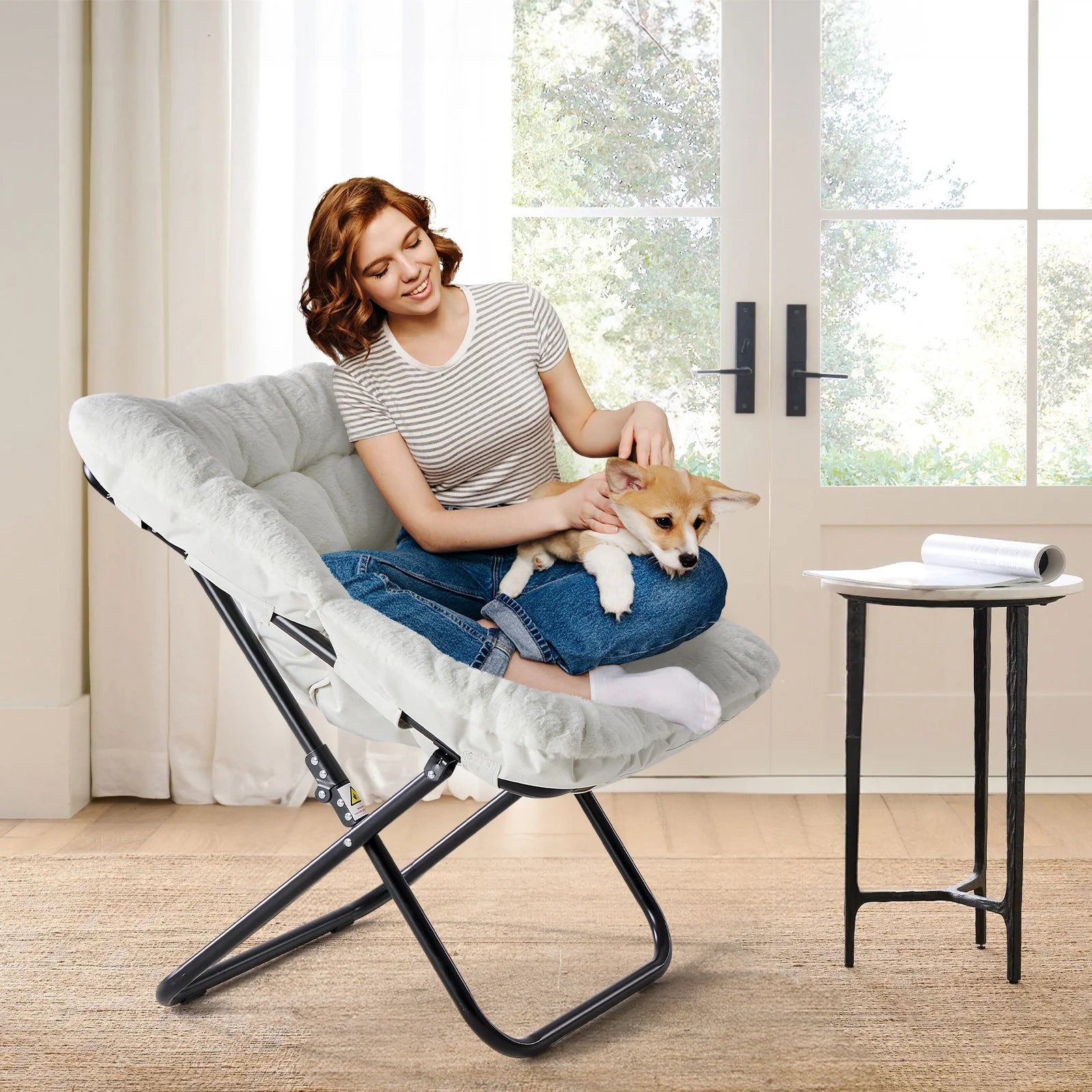 JHK Cozy Faux Fur Saucer Chair Folding Lounge Chair