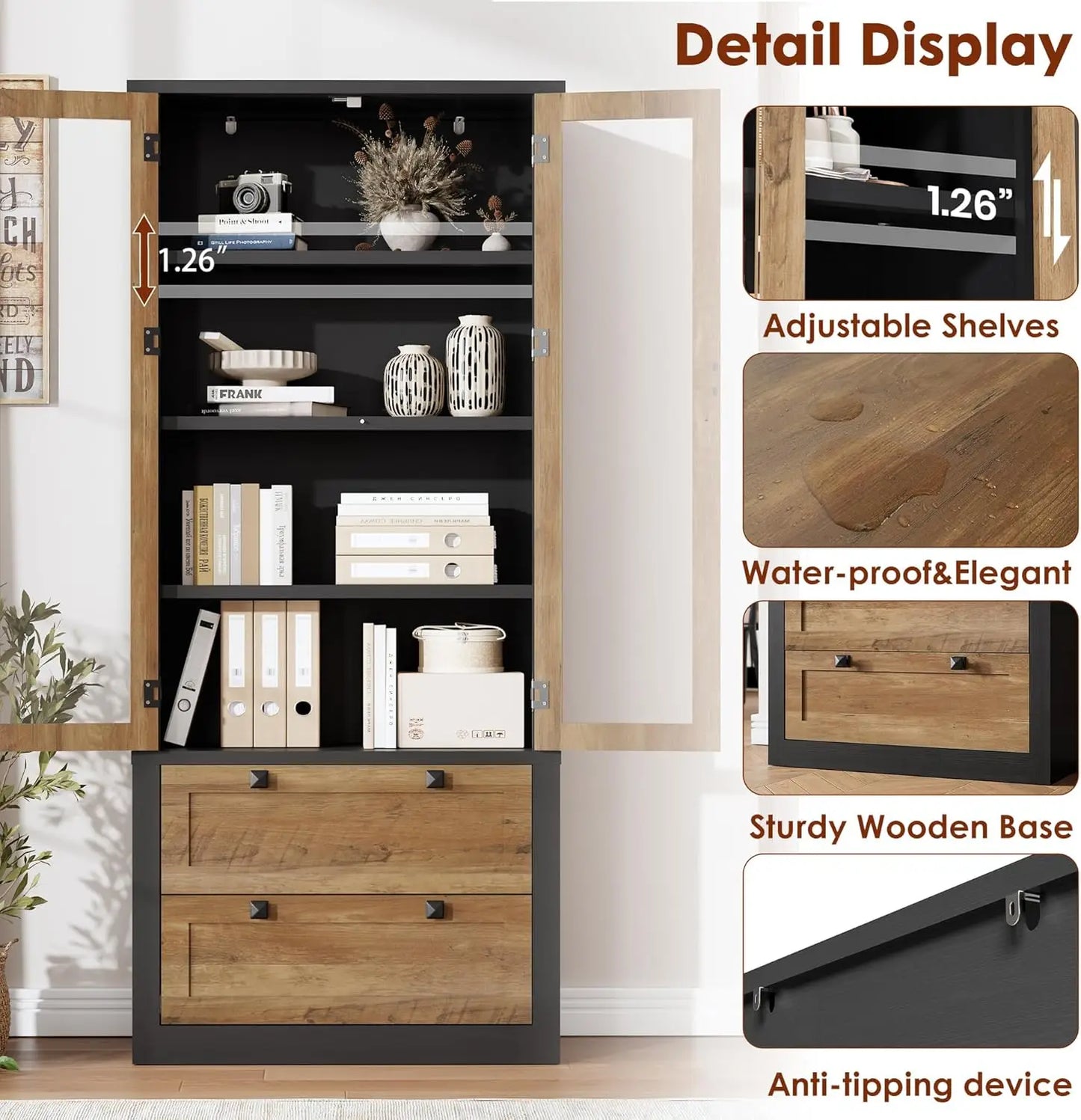 HiMISS Modern Kitchen Pantry Cabinet With Glass Doors