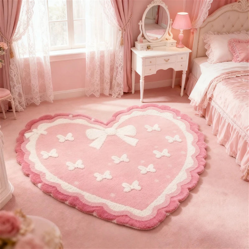 Heart Bow Plush Rug Fluffy Anti Slip Bedside Mat Bedroom