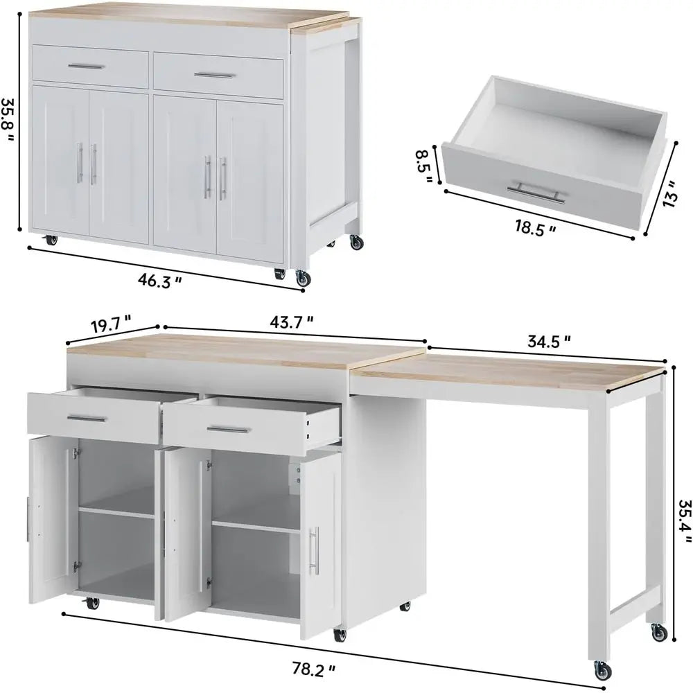 Rolling Wood Kitchen Island Dining Table With 4 Door Cabinet