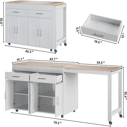 Rolling Wood Kitchen Island Dining Table With 4 Door Cabinet