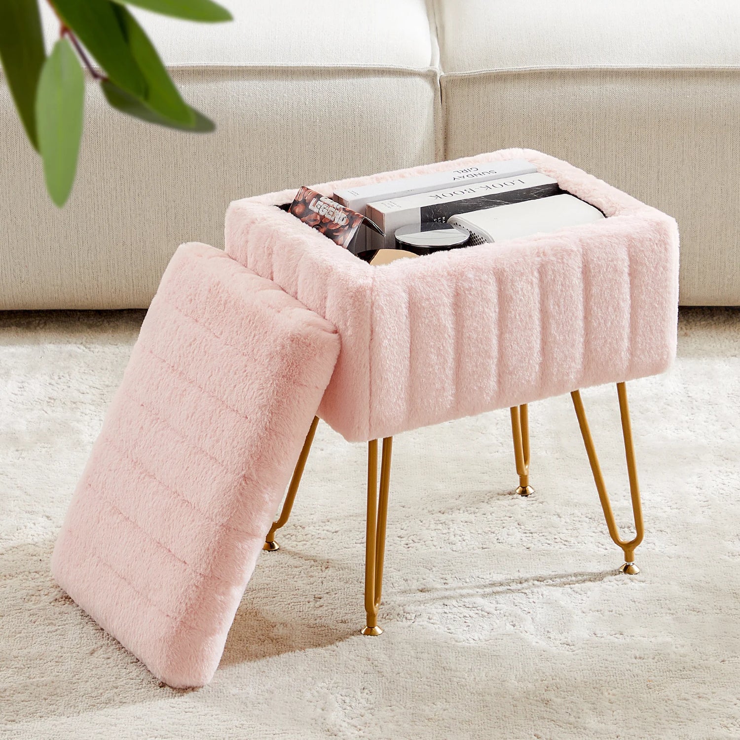 JHK Faux Fur Hidden Storage Ottoman Stools With Metal Legs