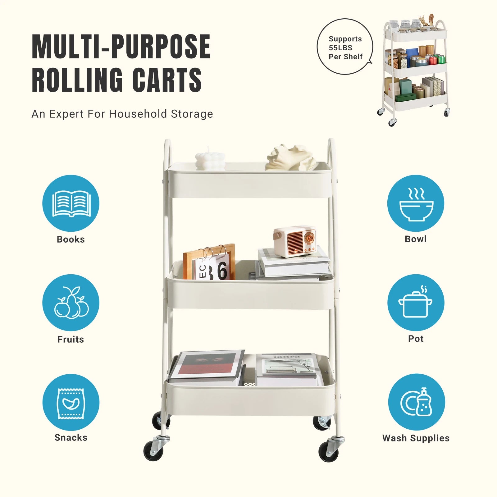 JHK 3 Tier Metal Storage Cart With Lockable Wheels