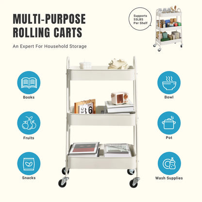 JHK 3 Tier Metal Storage Cart With Lockable Wheels