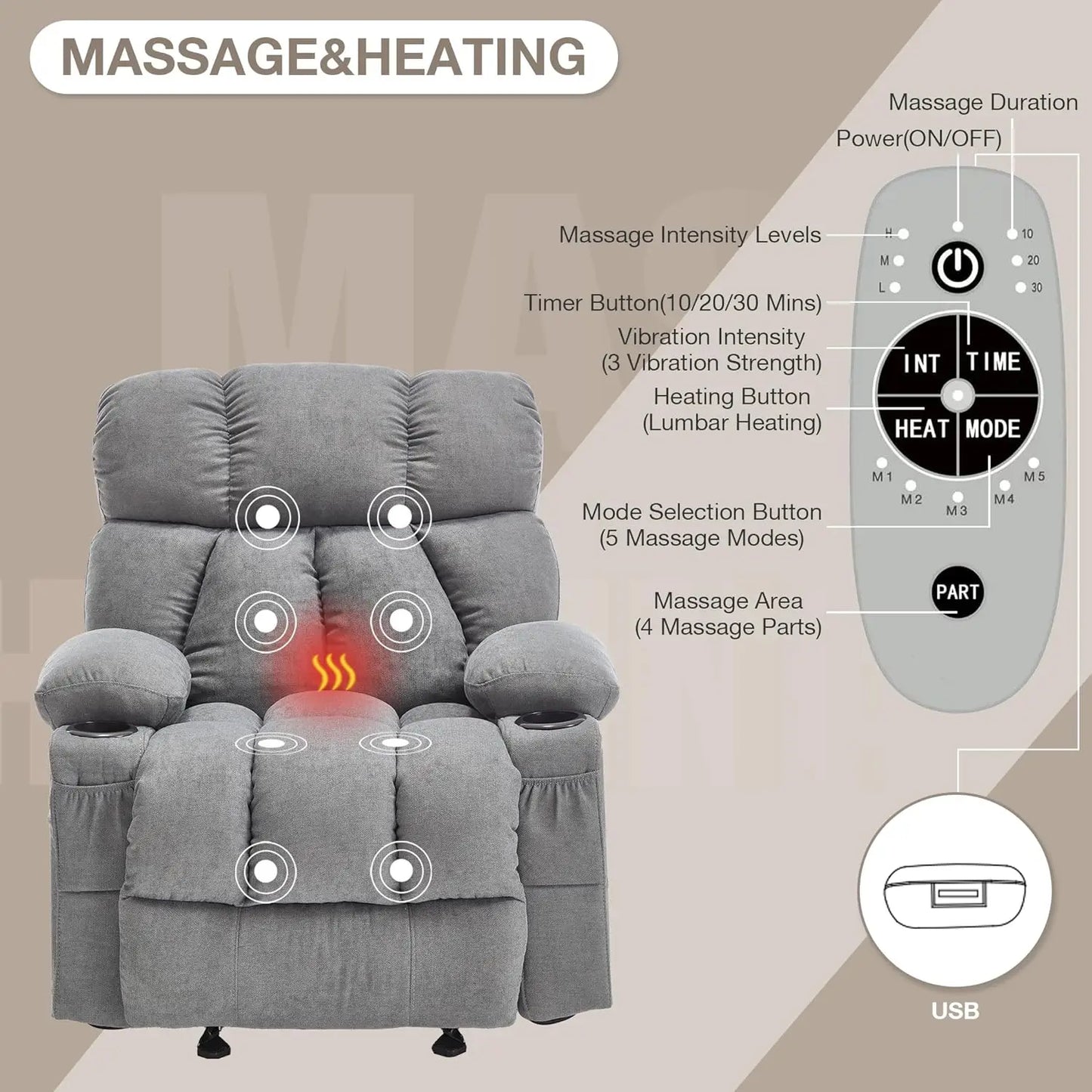 Massage Rocker Recliner Chair With Heat And Vibration Ergonomic Lounge