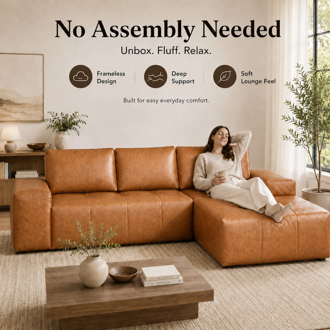 Modern Boneless L Shaped Faux Leather Sectional Sofa With Chaise