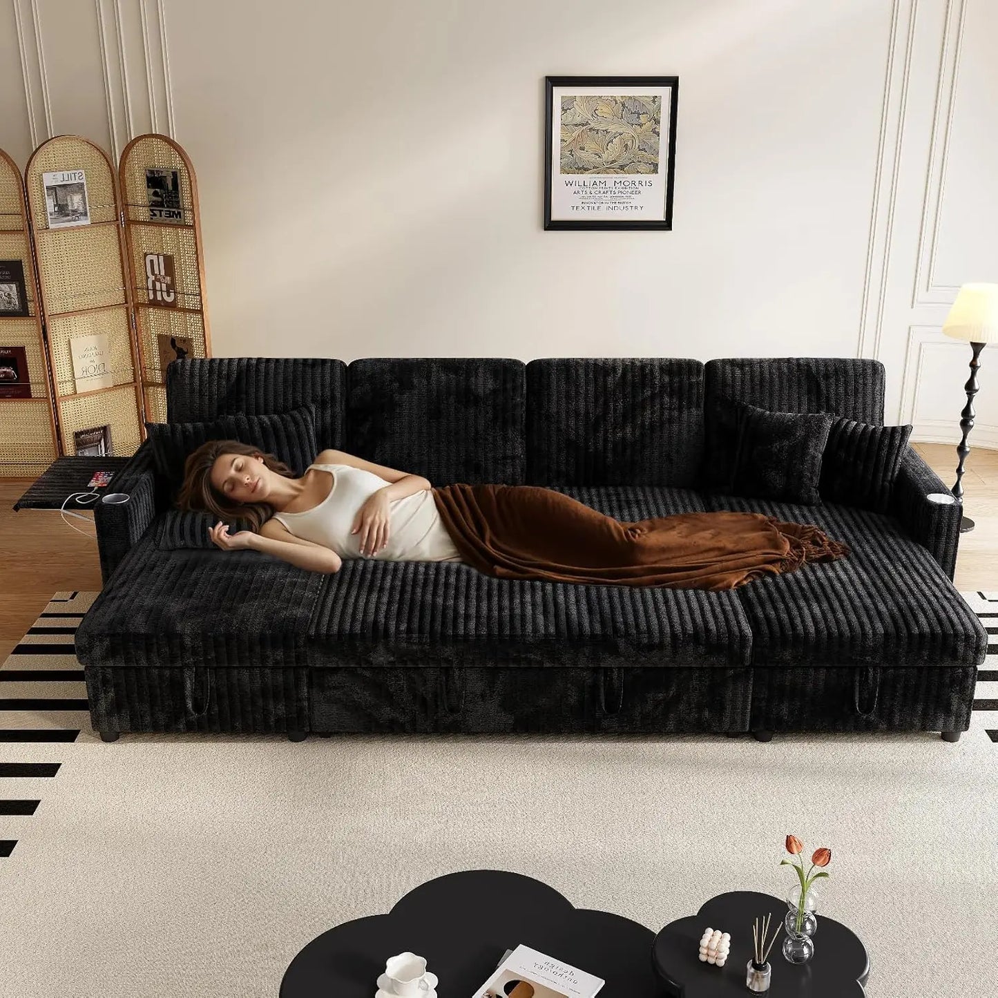 U Shaped Sleeper Sectional Sofa USB Pullout Bed And Storage