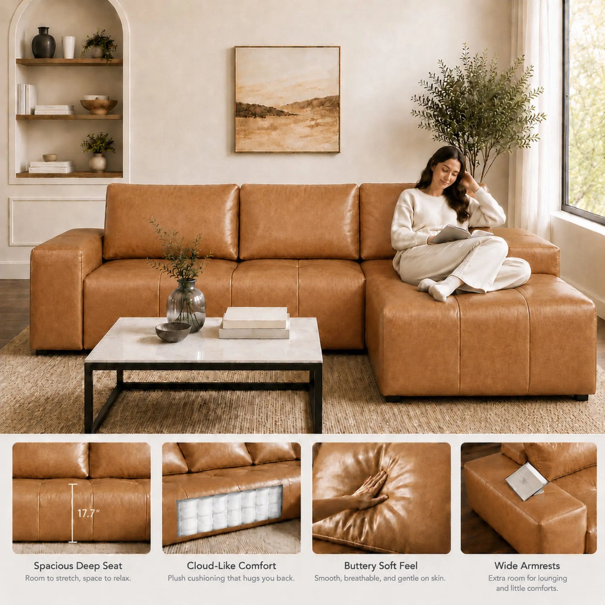 Modern Boneless L Shaped Faux Leather Sectional Sofa With Chaise