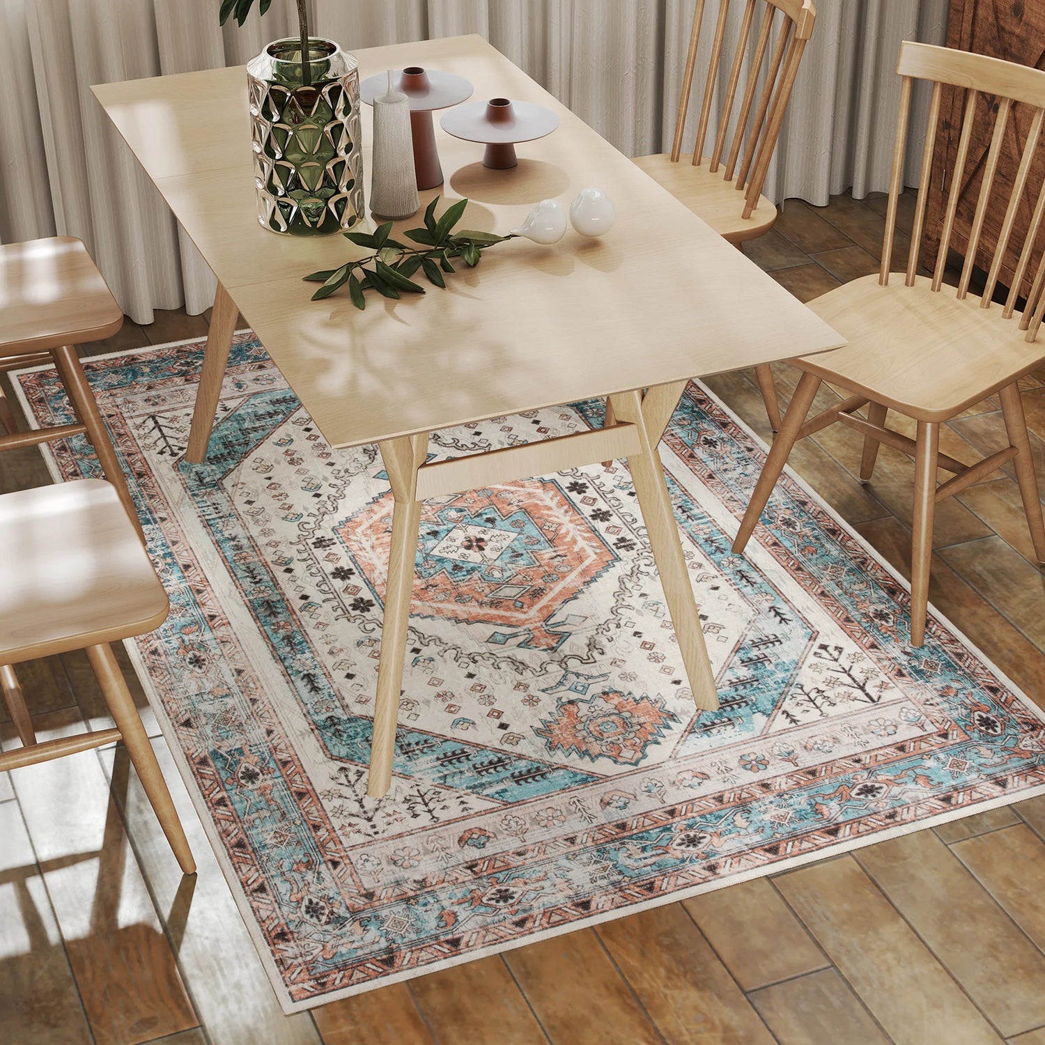 Soft Machine Washable Area Rug With Vintage Medallion Design