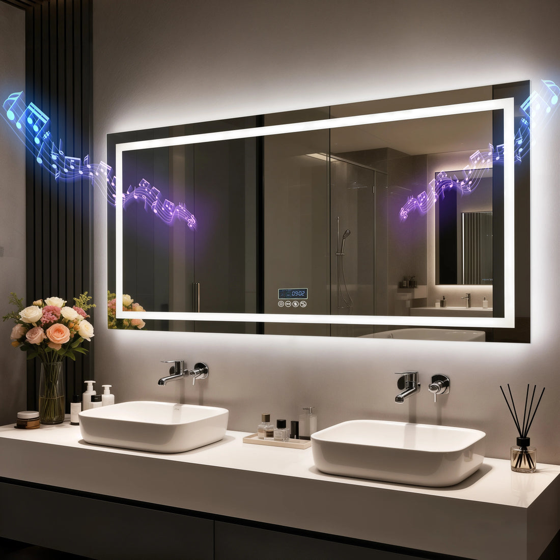 Led Bathroom Mirror With Bluetooth Speaker Anti Fog Dimmable Backlit Lights