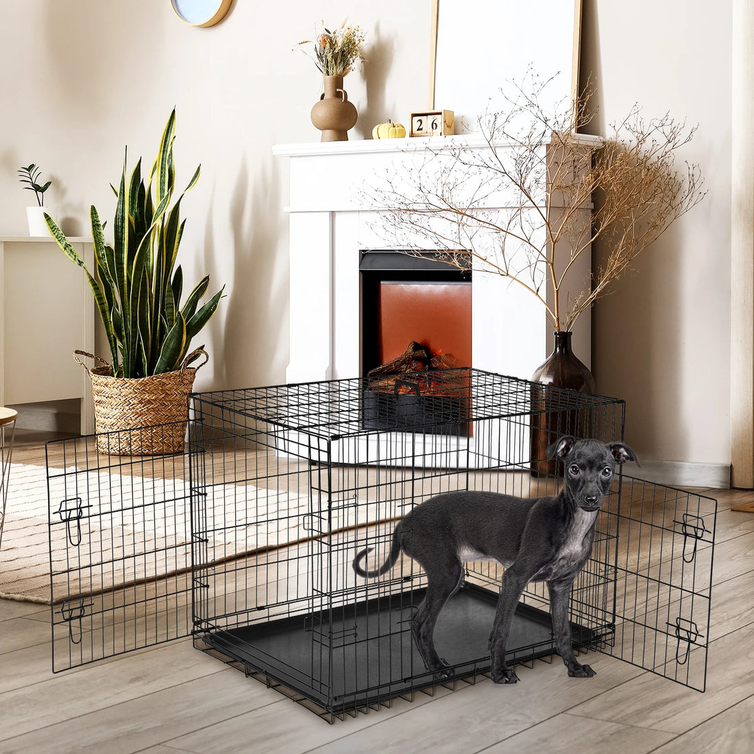 JHK Folding Metal Dog Cage With Leak Proof Pan Tray