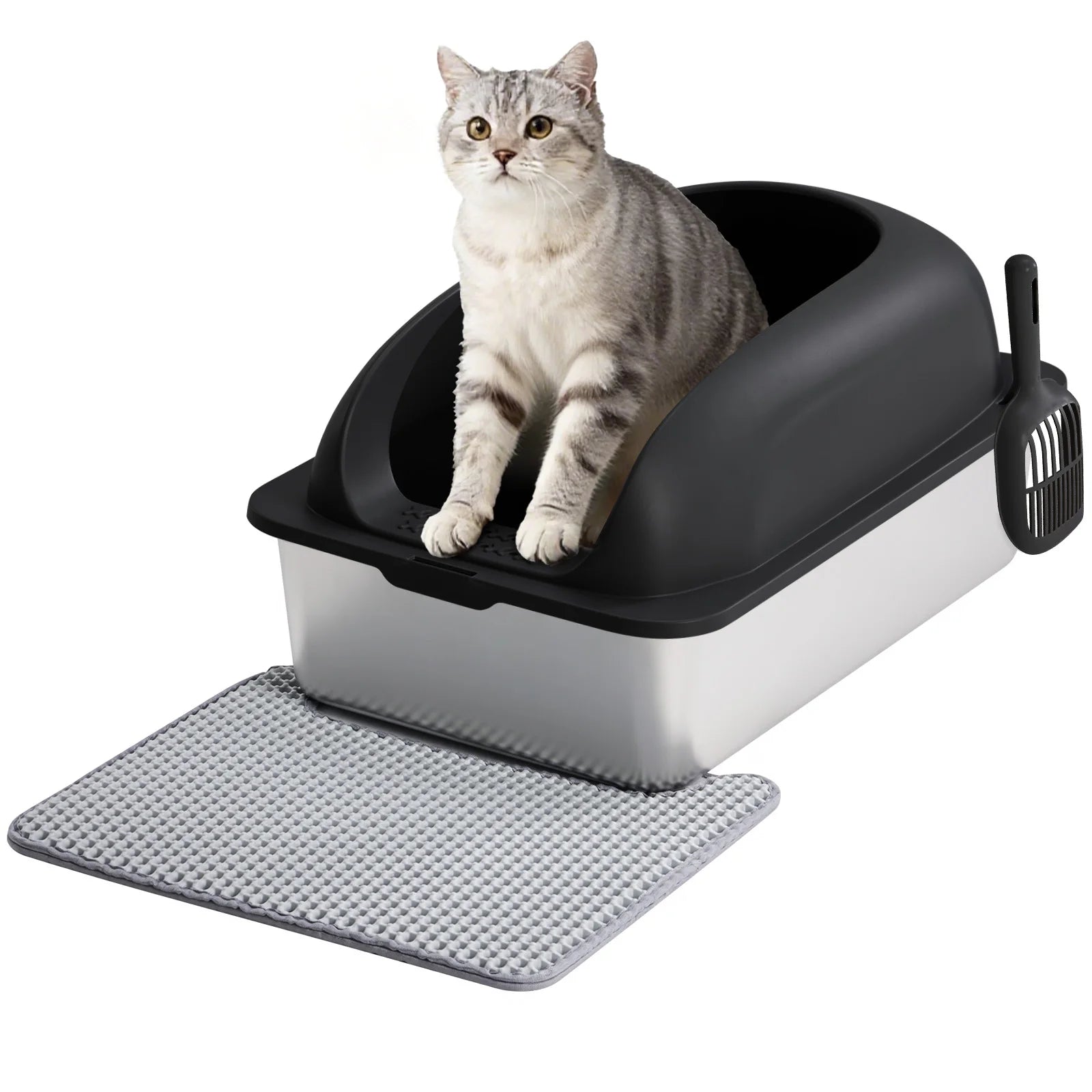 Stainless Steel Cat Litter Box Lid Scoop Mat Included