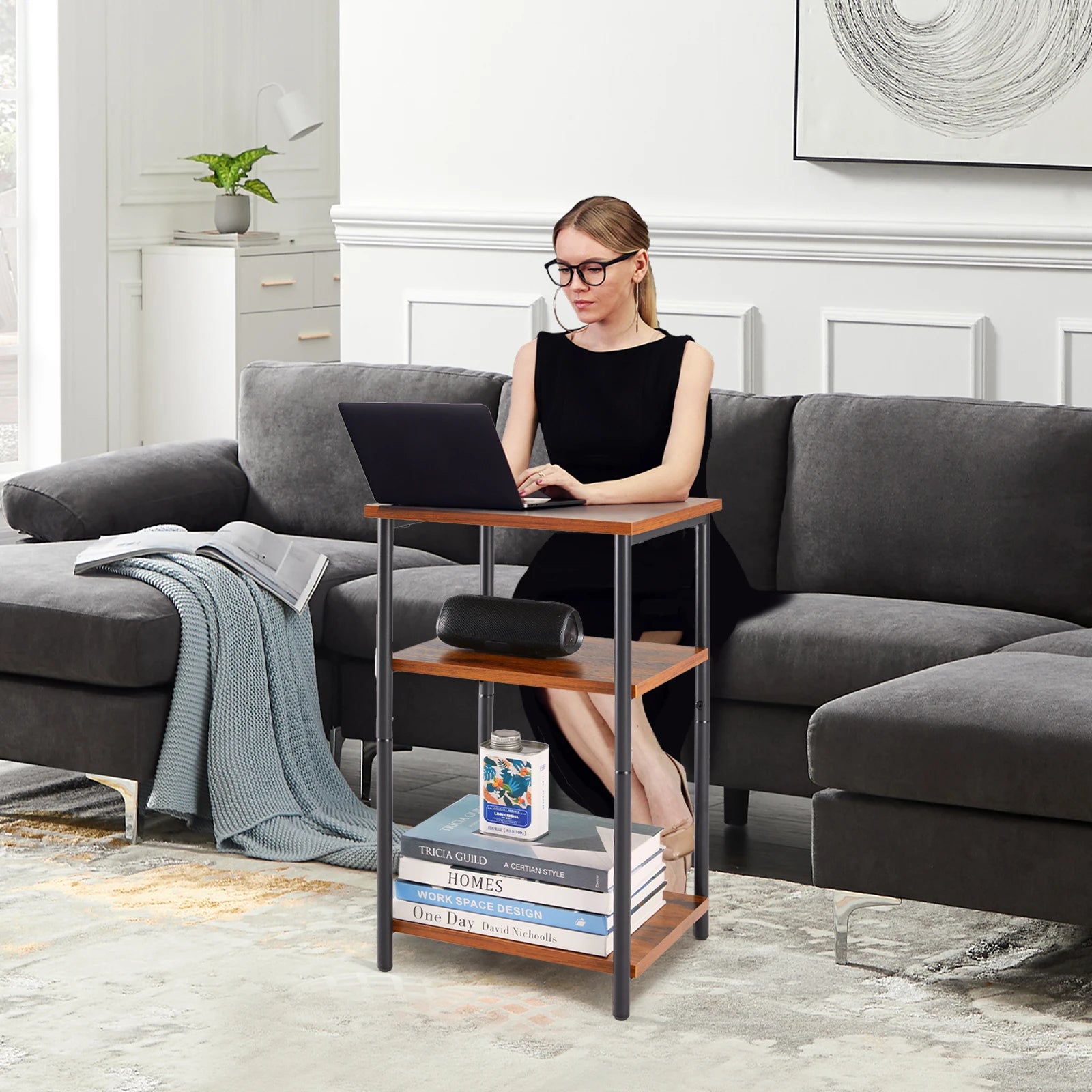JHK Two Tier End Table With Adjustable Feet Space Saving