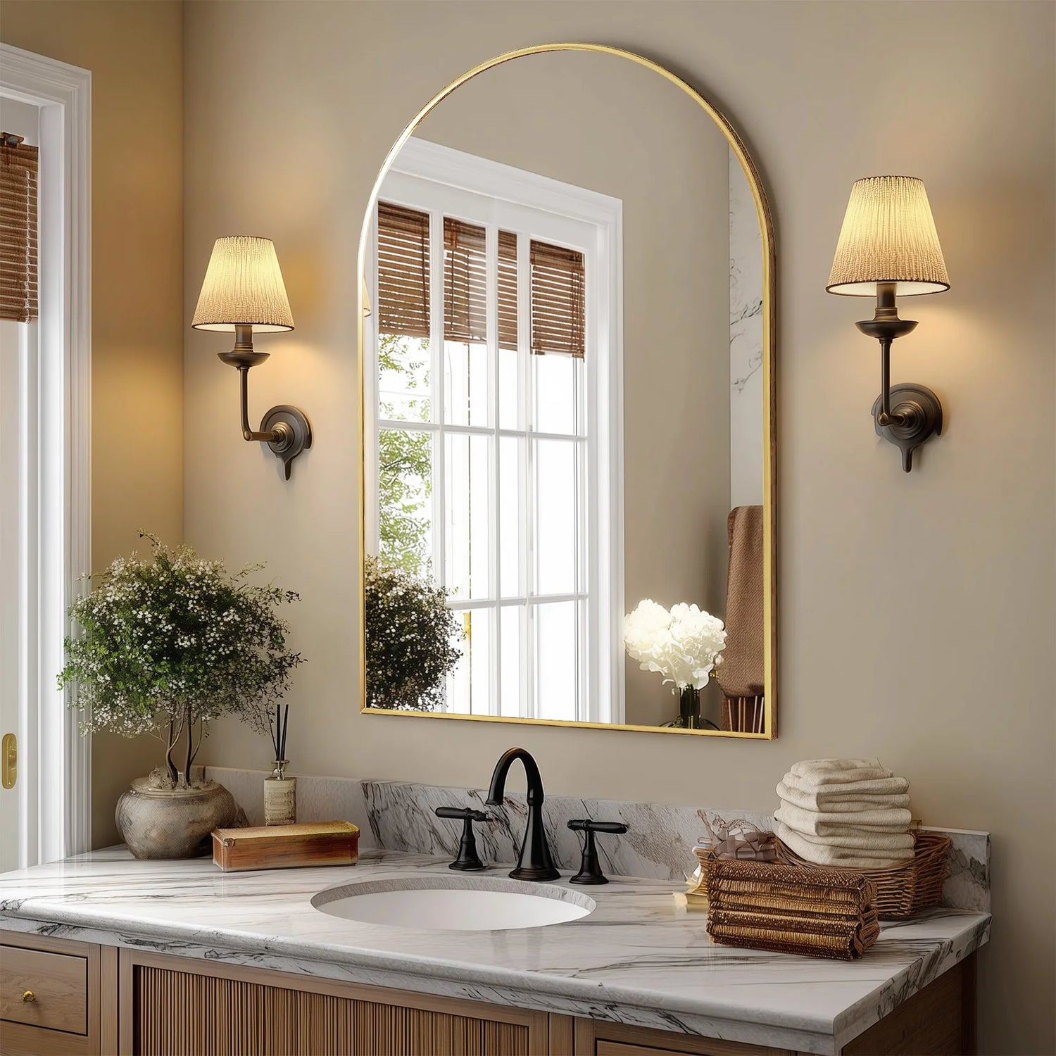 JHK Arched Metal Framed Bathroom Wall Mirror