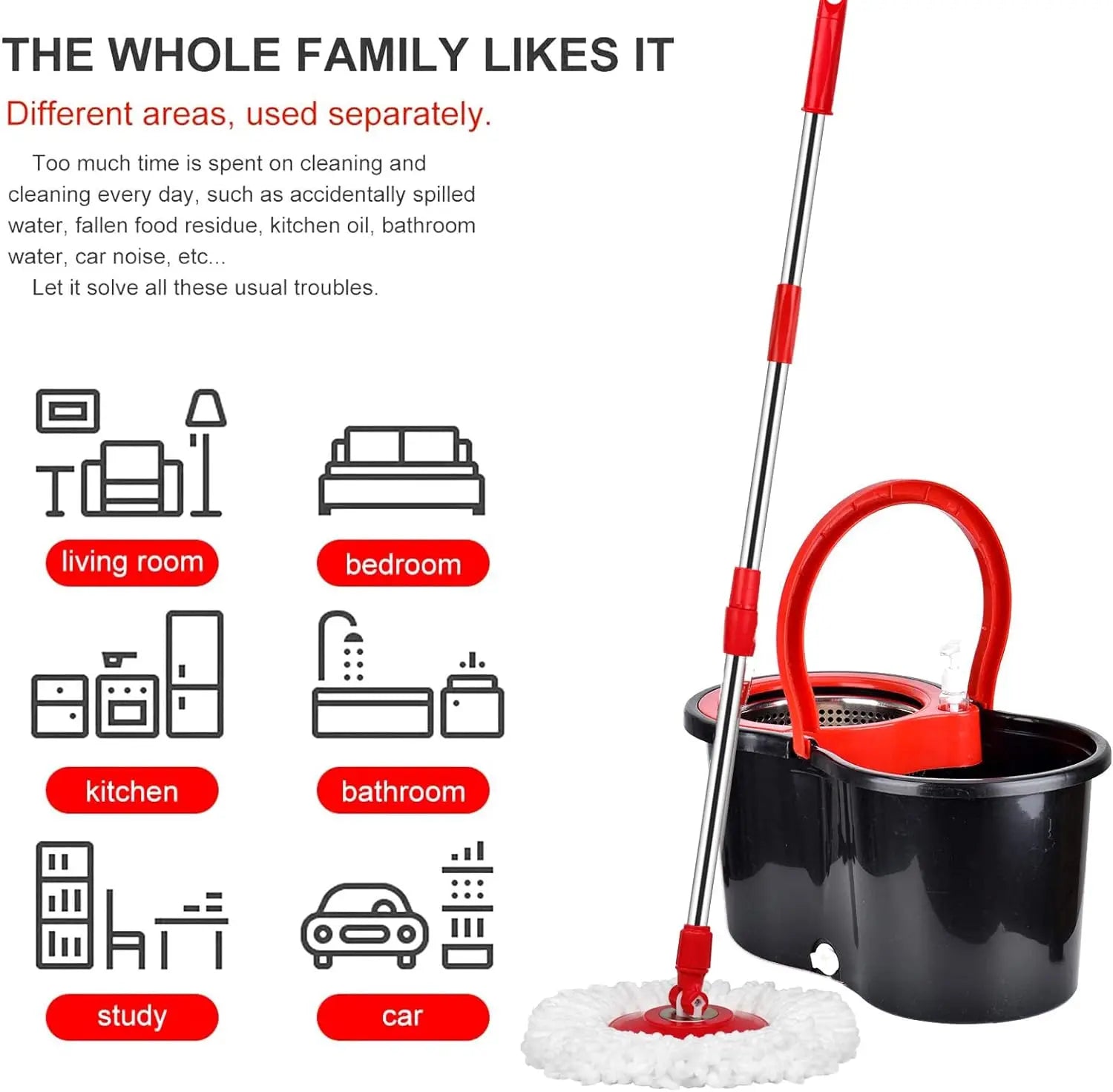NONECN Spin Mop Bucket Set Wring System Three Microfiber Heads