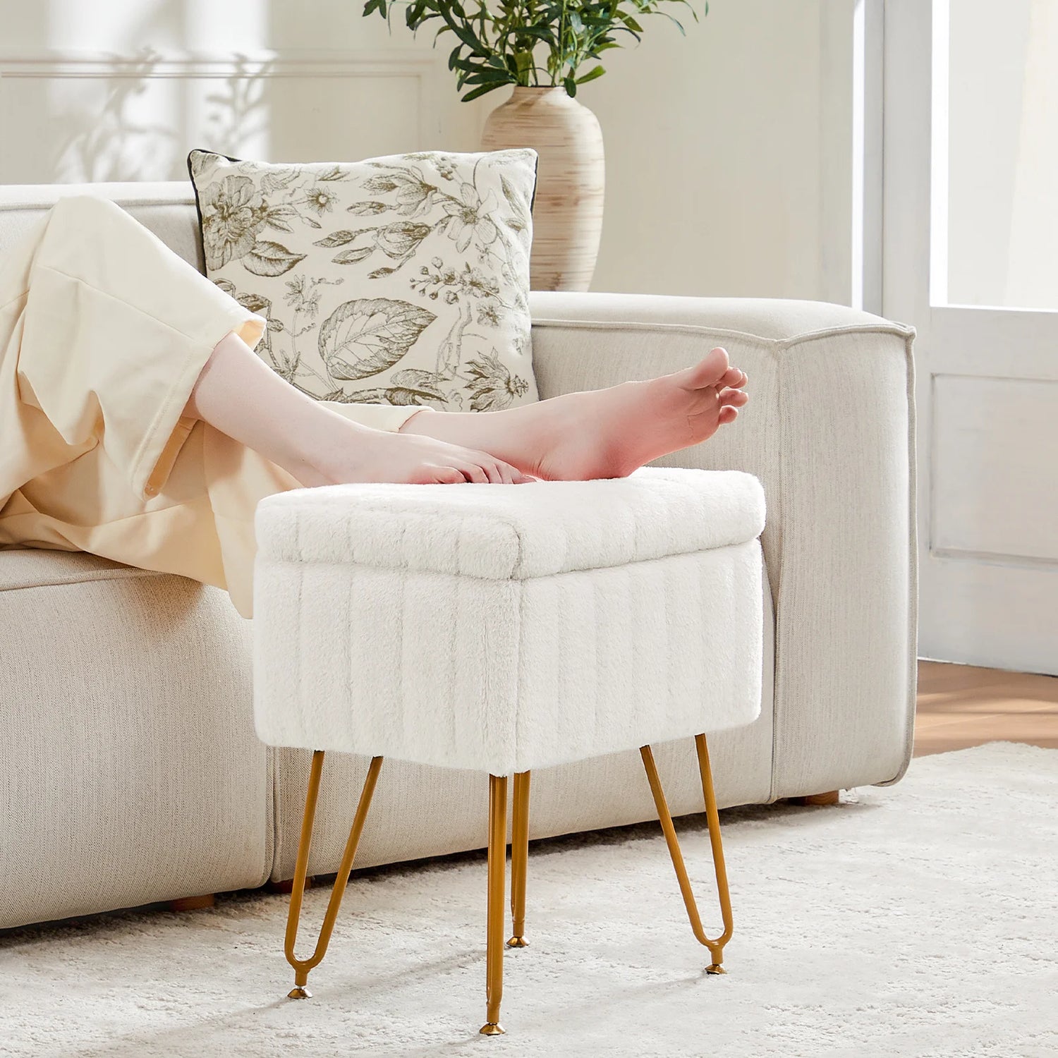 JHK Faux Fur Hidden Storage Ottoman Stools With Metal Legs