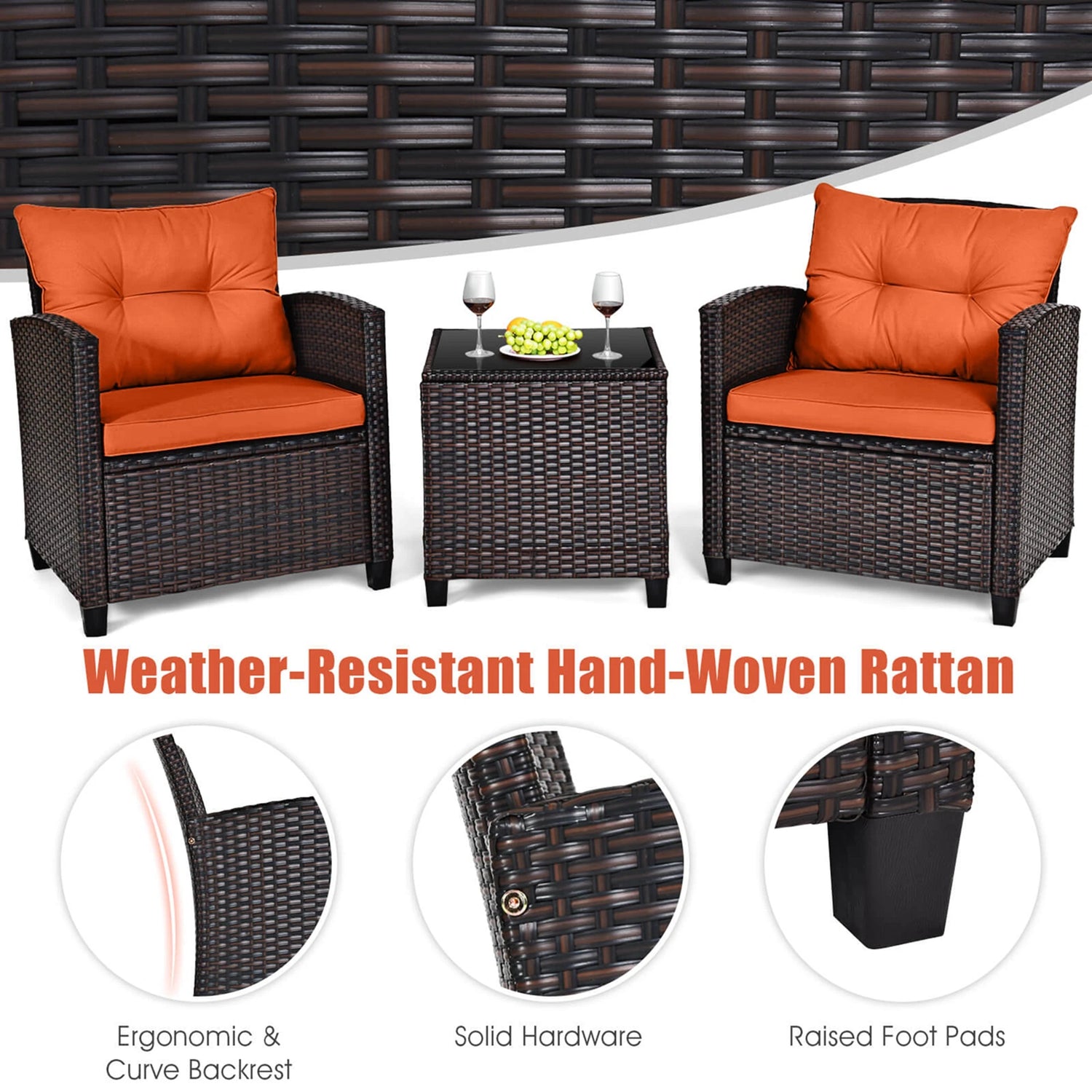 HOMASIS 3-Piece Patio Rattan Furniture Set Cushioned Conversation