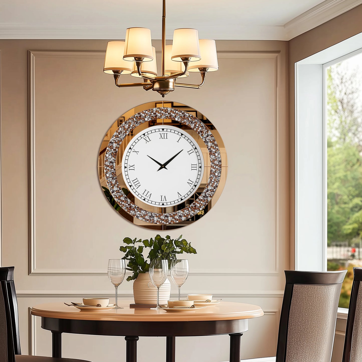 Crystal Sparkle Round Mirror Wall Clock for Living Room Decor