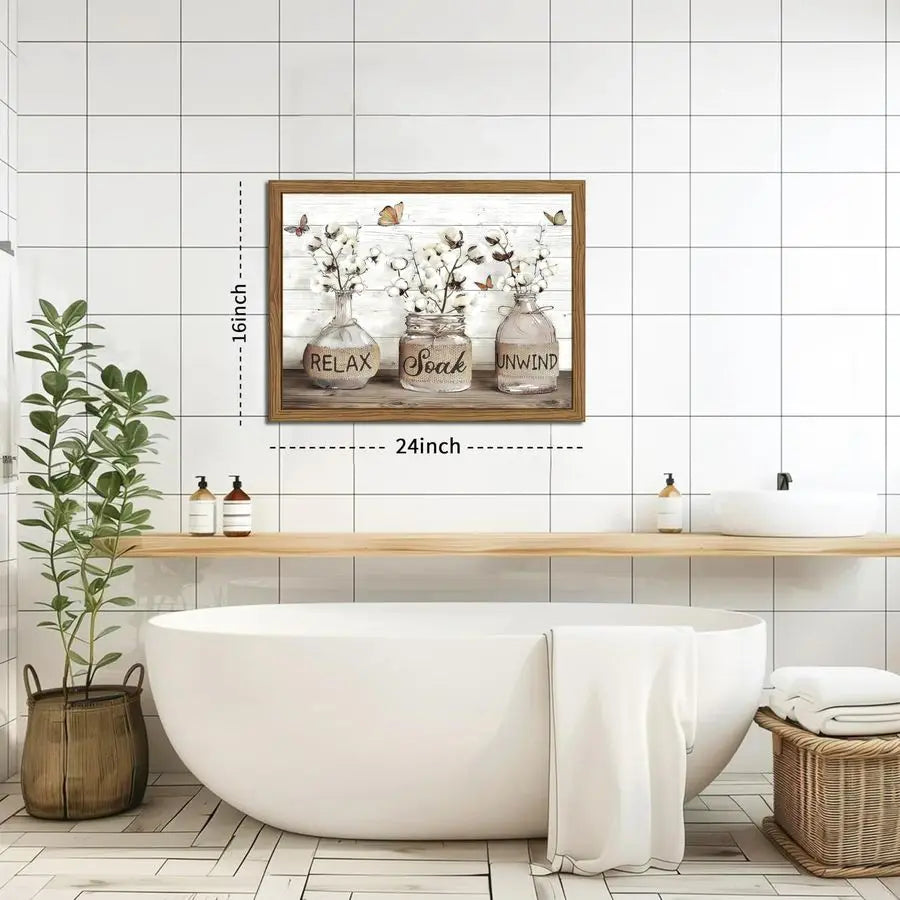 Framed Rustic Cotton Canvas Wall Art For Bathroom Decor