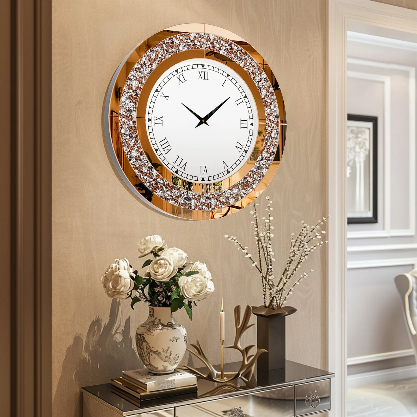 Round Mirror Wall Clock With Crystal Sparkle Living Room Decor