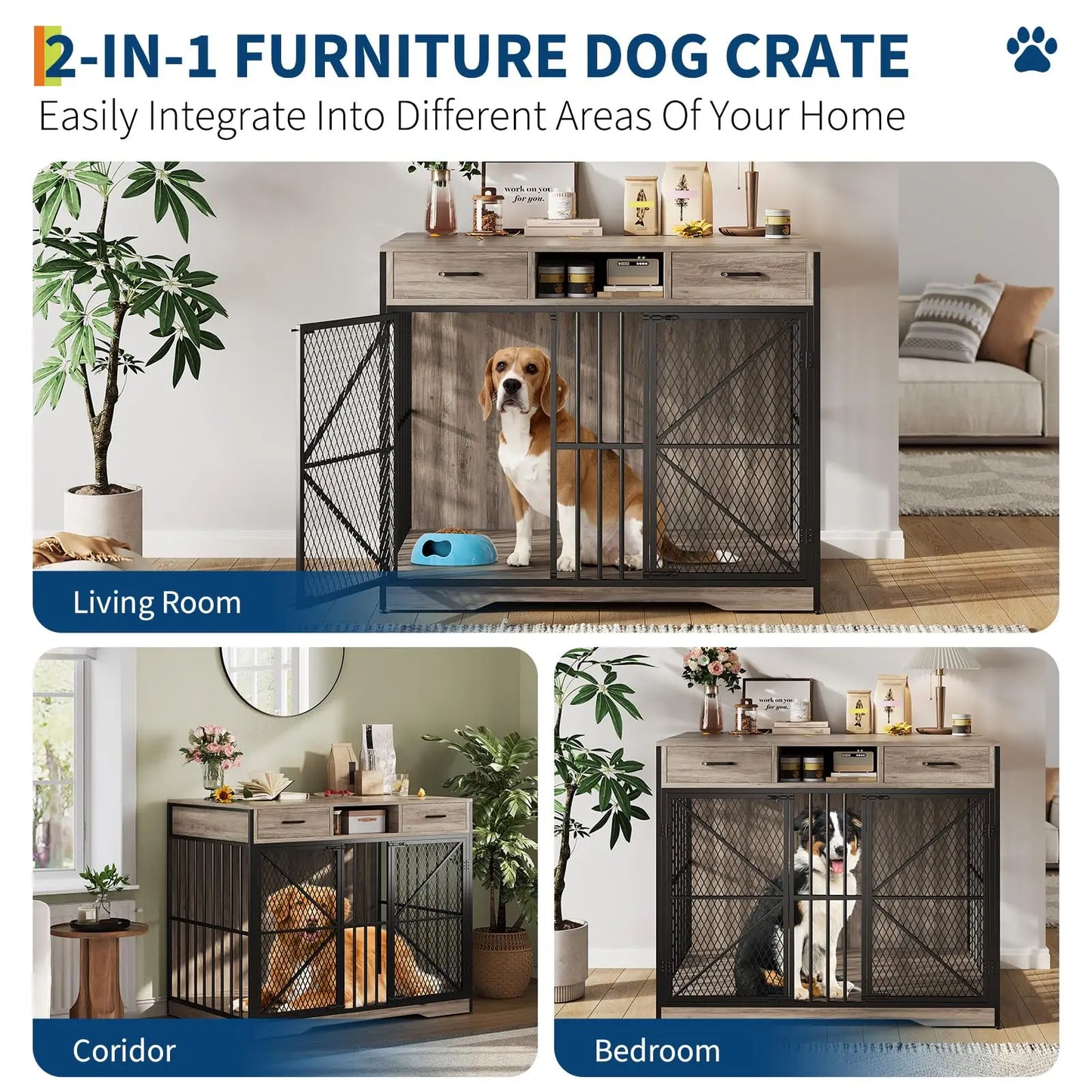 HiMISSDog Heavy Duty Dog Crate Furniture With Drawers