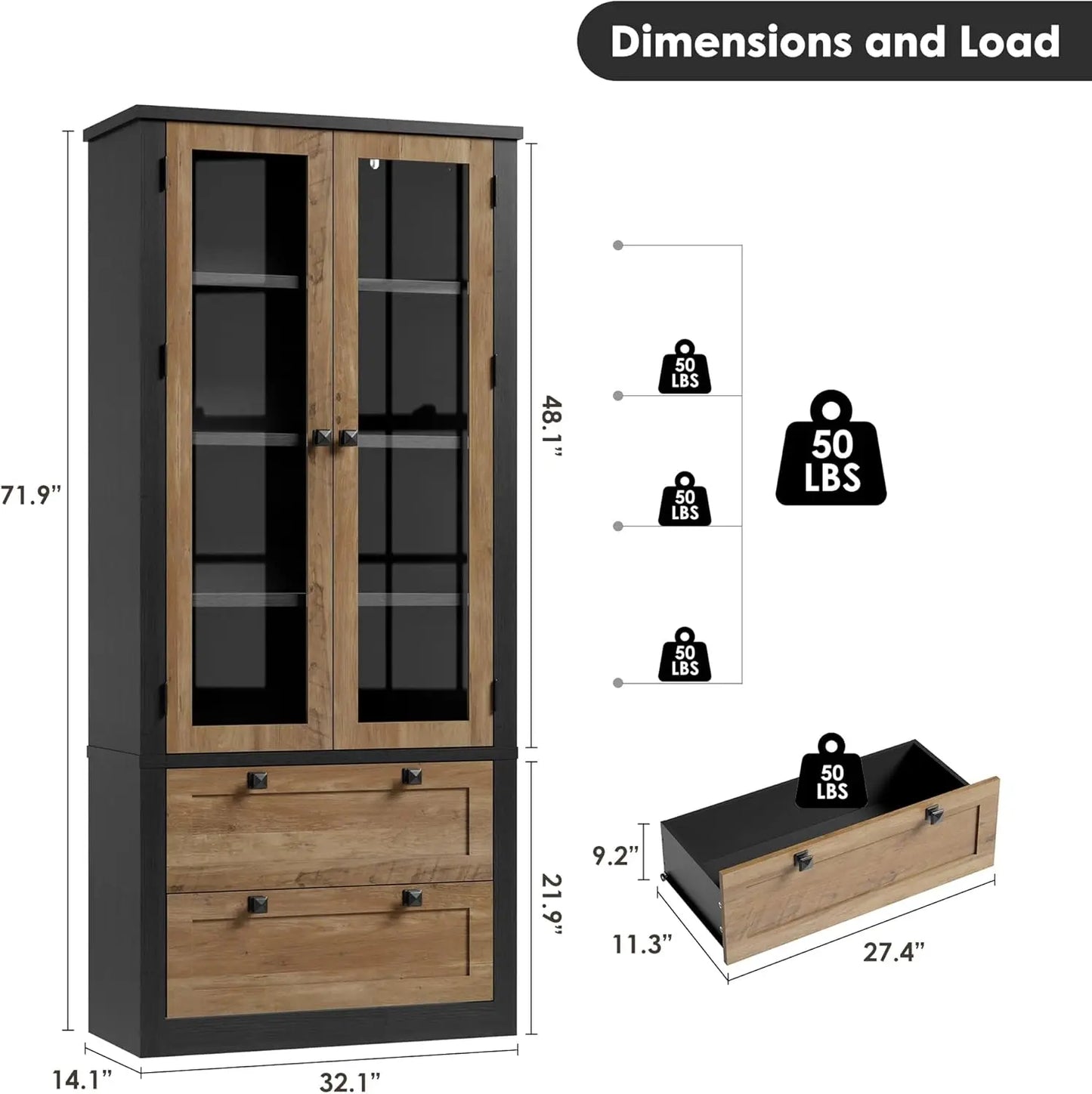 HiMISS Modern Kitchen Pantry Cabinet With Glass Doors