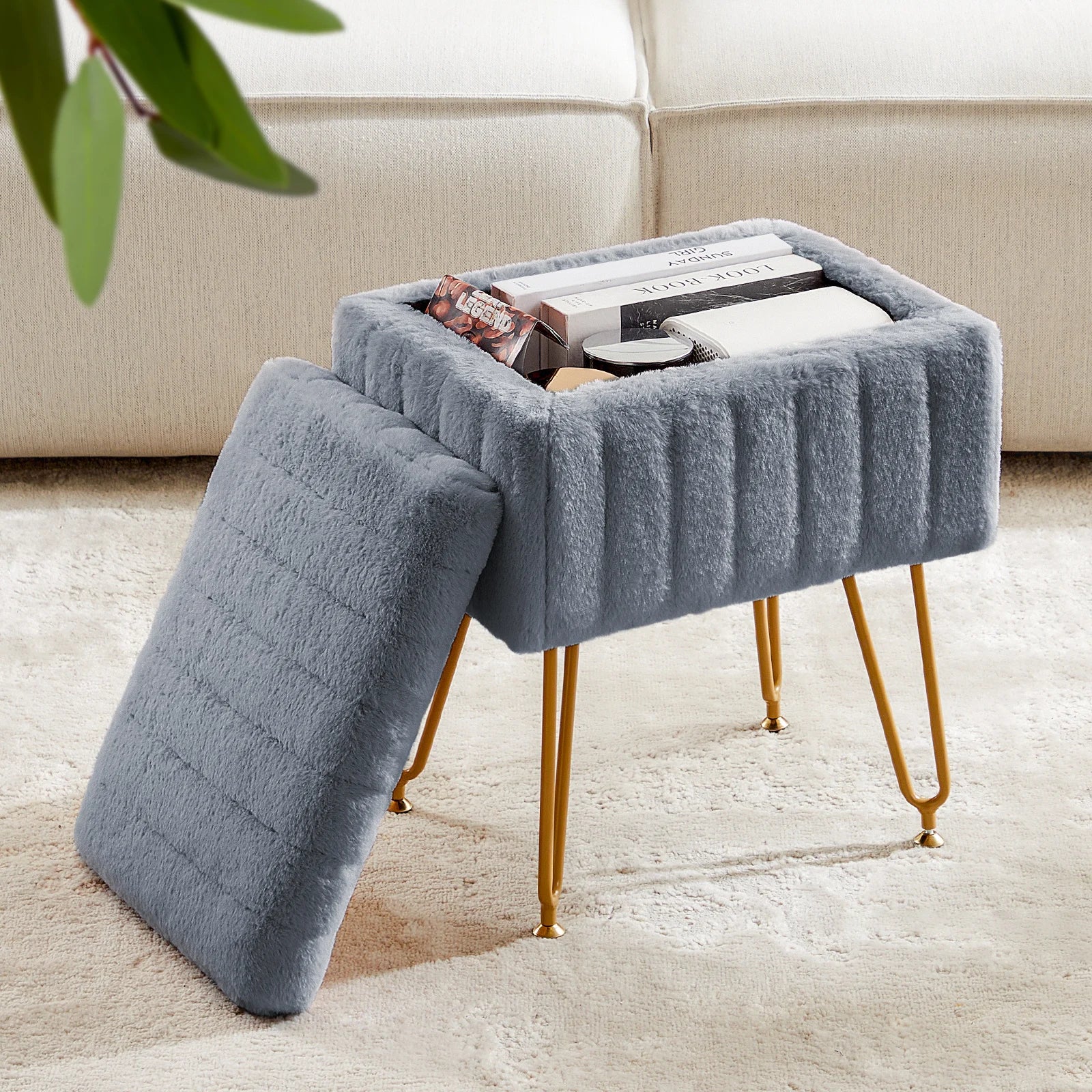 JHK Faux Fur Hidden Storage Ottoman Stools With Metal Legs