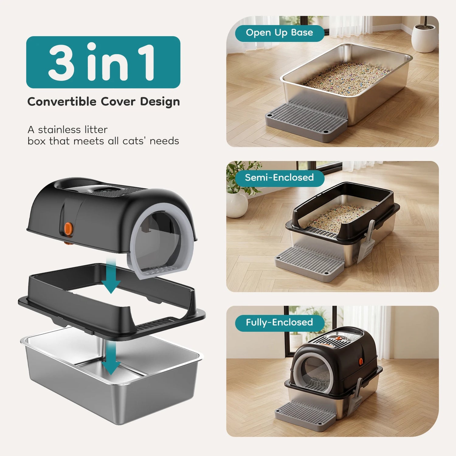 JHK Stainless Steel Cat Litter Box Fully Enclosed For Big Cats
