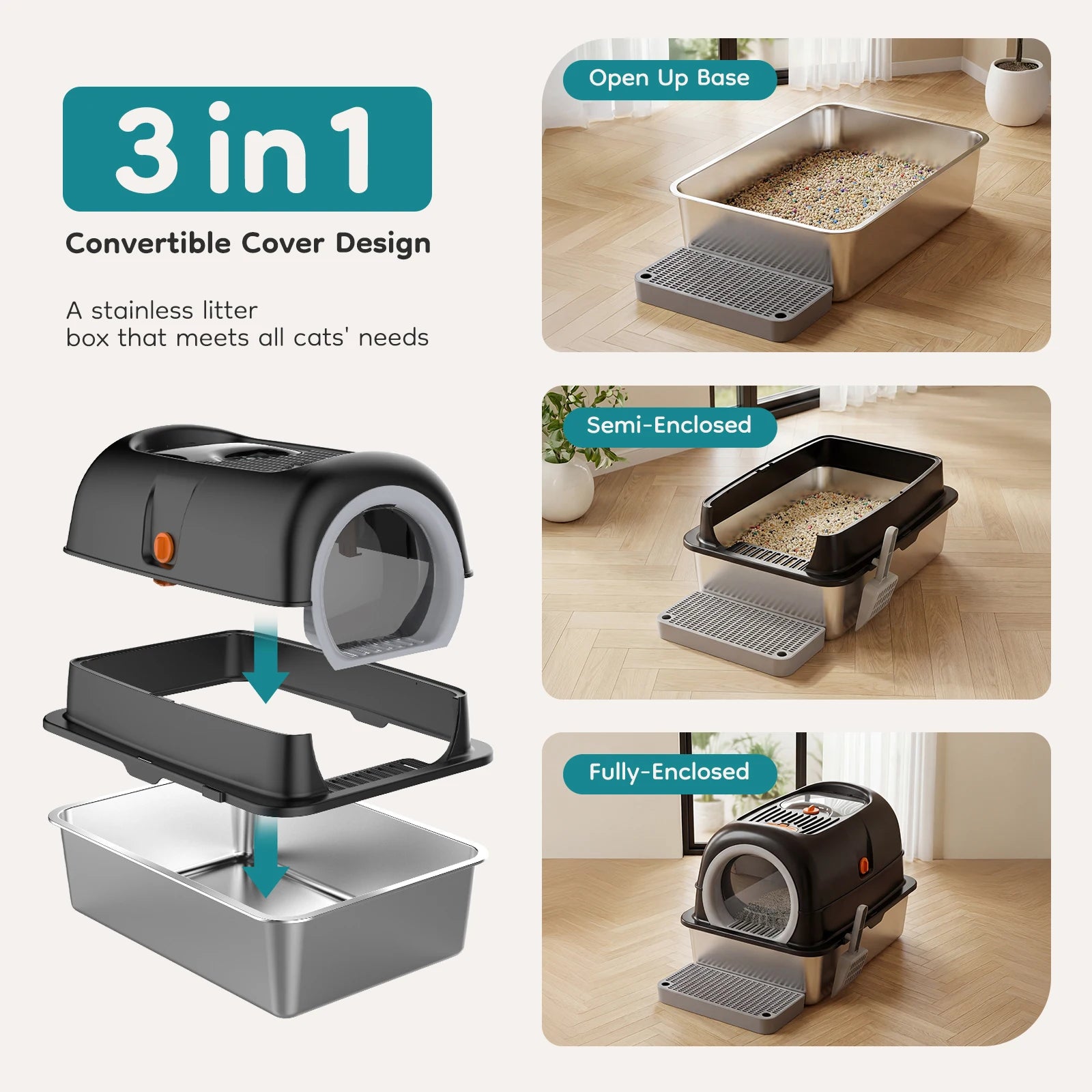 JHK Stainless Steel Cat Litter Box Fully Enclosed For Big Cats