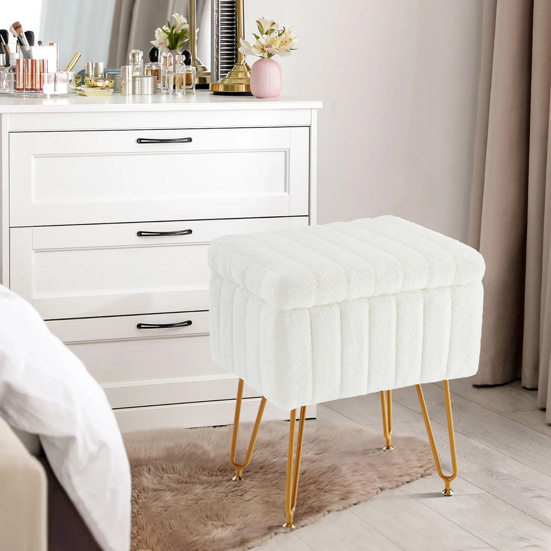 JHK Faux Fur Hidden Storage Ottoman Stools With Metal Legs