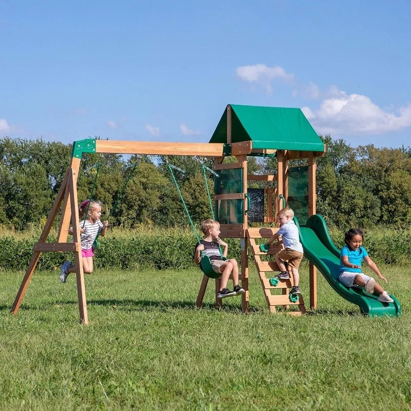 Buckley Hill Cedar Wood Swing Set With Wave Slide Chalkboard